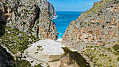 Aerial of the Gorge of Sa Calobra, Mallorca, Balearic Islands, Spain, Mediterranean, Europe