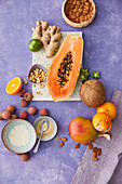 Vegan Asian ingredients: Papaya, coconut, ginger, lychees, mango