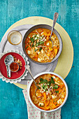 Curry pumpkin laksa with silken tofu and rice noodles (vegan)