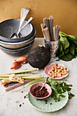 Still life with vegan Asian ingredients and dishes