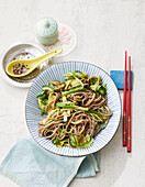 Soba noodle salad with leek, zucchini and miso (vegan)