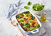 Pasta gratin with chorizo and spinach