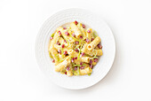 Rigatoni with salami, saffron, and leek