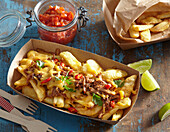 Fries topped with Spicy Pulled Pork and Cheddar Cheese