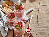 Rhubarb pudding with freeze-dried strawberries