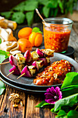 Halloumi and onion skewers with apricot chutney