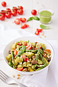 Colorful panzanella with tomatoes and beans