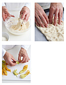 Preparing focaccia with zucchini flowers, raw ham, and stracciatella di bufala
