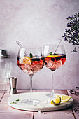 Blueberry Gin Spritz with ice, blueberries, mint and lemon slices