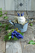 Egg shell filled with grape hyacinths (Muscari) in an enamel pot and bouquet with primrose and grape hyacinths on a cake rack, Easter decoration