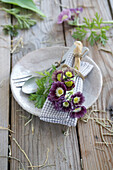 Serviette mit Alpenaurikel (Primula auricula) und Besteck auf Teller, Tischdeko
