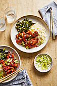 Asian sesame chicken with leafy vegetables and rice