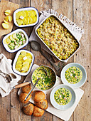 Creamy chicken and corn soup, potato and chicken gratin, chicken and noodle casserole