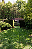 Garden with manicured lawn and clipped hedges against a woodland backdrop