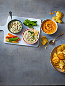 Spicy sardine dip, bean and feta dip, vegetable hummus