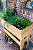 Hochbeet aus Holz mit frischen Kräutern an Backsteinwand