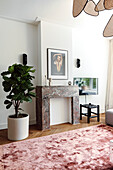 Living room with marble mantelpiece and pink carpet