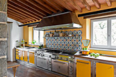 Kitchen with yellow cupboards, patterned tiled backsplash and stainless steel appliances