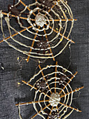 Spinnennetz aus Salzstangen und Schokolade zu Halloween