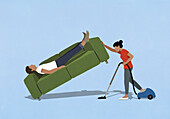 Wife vacuuming, lifting sofa with sleeping husband\n