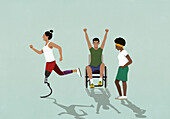 Happy, excited disabled people exercising\n