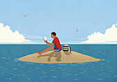 Mann entspannt sich, liest einen Stapel Bücher auf einer sonnigen, abgelegenen Insel im Meer