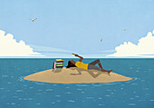 Frau entspannt sich, liest einen Stapel Bücher auf einer sonnigen, abgelegenen Insel im Meer