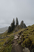Rock formation on grassy slope, Old Man of Storr, Isle of Skye, Scotland\n