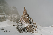 Snow covered mountain rock formation, Old Man of Storr, Isle of Skye, Scotland\n