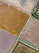 Aerial view salt ponds forming abstract pattern, Majorca, Spain\n