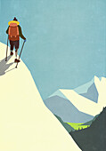 Frau mit Beinprothese und Rucksack wandert einen verschneiten Berghang hinauf
