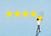 Woman removing rating star from blue background\n
