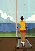 Woman walking on treadmill at window with view of city and lake\n