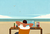 Carefree man at desk, taking a break from working, daydreaming of summer ocean beach\n