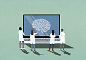 Neuroscientists looking at brain image on laptop screen\n