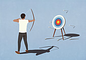 Man with bow shooting arrows at bull's-eye, missing the mark\n