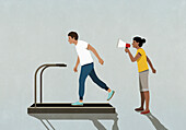 Woman with megaphone yelling at tired man exercising on treadmill\n