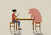 Woman eating dinner with messy pig at dining table\n