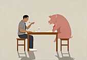 Mann isst Abendessen mit unordentlichem Schwein am Esstisch