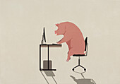 Pig working at computer in office\n