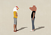 Confrontational couple in pig and chicken heads standing face to face\n