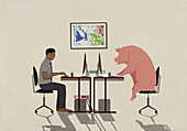 Businessman and pig working at computers in office\n