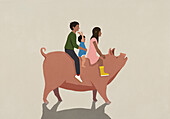 Father and kids riding pig\n