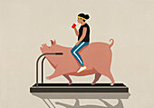 Woman sitting and drinking on pig walking on treadmill\n