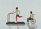 Woman in wheelchair watching woman running on treadmill\n
