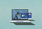 Computer hacker pushing credit card off laptop screen\n