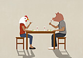 Couple wearing pig and chicken heads eating dinner at dining table\n