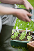 Nahaufnahme von Händen und Füßen einer jungen Frau bei der Gartenarbeit