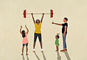 Father and children cheering for strong mother weightlifting barbell overhead\n