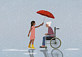 Caring girl holding umbrella over senior woman in wheelchair, protecting her from rain\n